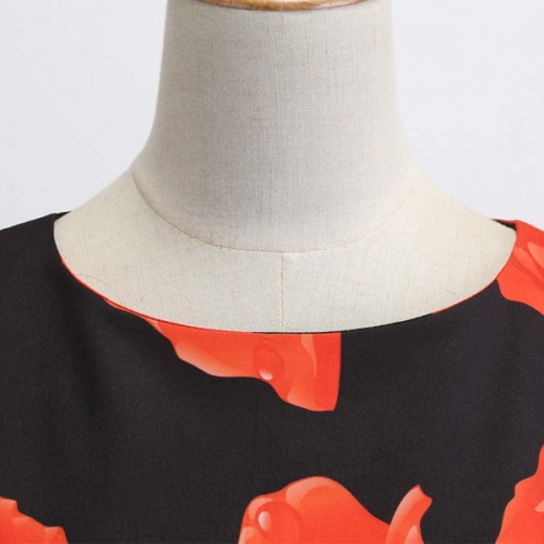 A-line Floral Sleeve Less Tie Waist Swing Petite Midi Party Dress - Red image