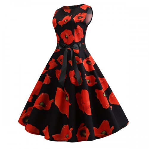 A-line Floral Sleeve Less Tie Waist Swing Petite Midi Party Dress - Red image