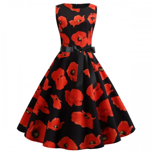 A-line Floral Sleeve Less Tie Waist Swing Petite Midi Party Dress - Red image