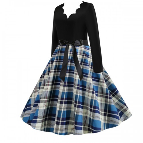 Retro Style Contrast Plaid Knotted V-neck Large Swing Midi Dress - Blue image
