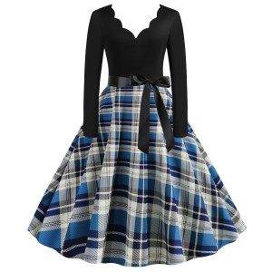 Retro Style Contrast Plaid Knotted V-neck Large Swing Midi Dress - Blue