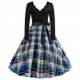 Retro Style Contrast Plaid Knotted V-neck Large Swing Midi Dress - Blue
