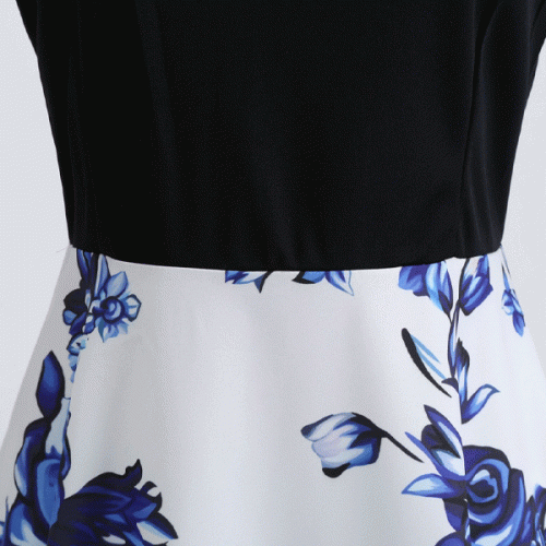 Floral Printed Round Neck Sleeveless Stitching Swing Ribbon Midi Dress - White image