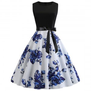 Floral Printed Round Neck Sleeveless Stitching  Swing Ribbon Midi Dress - White
