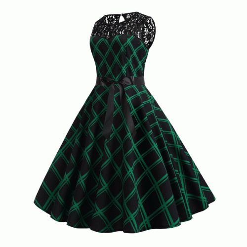 Patchwork Sleeveless Geometric Pattern Swing Ribbon Midi Dress - Green image