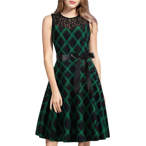 Patchwork Sleeveless Geometric Pattern Swing Ribbon Midi Dress - Green image