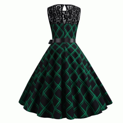 Patchwork Sleeveless Geometric Pattern Swing Ribbon Midi Dress - Green image