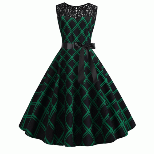 Patchwork Sleeveless Geometric Pattern Swing Ribbon Midi Dress - Green image
