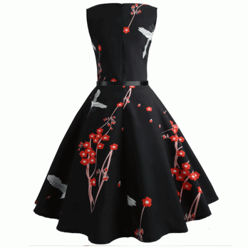 Retro Vintage Floral Robe Hepburn Ribbon Waist Swing Midi Dress - Black image