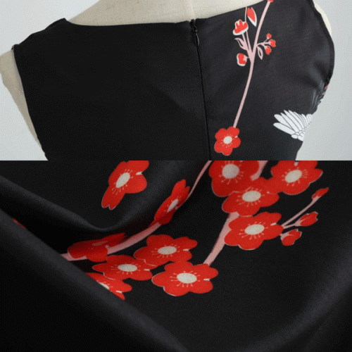 Retro Vintage Floral Robe Hepburn Ribbon Waist Swing Midi Dress - Black image