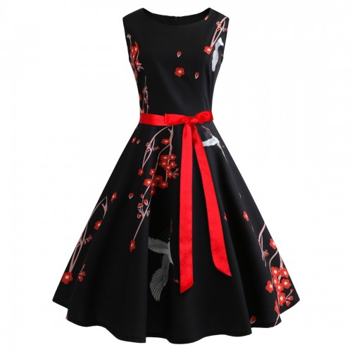 Retro Vintage Floral Robe Hepburn Ribbon Waist Swing Midi Dress - Black image