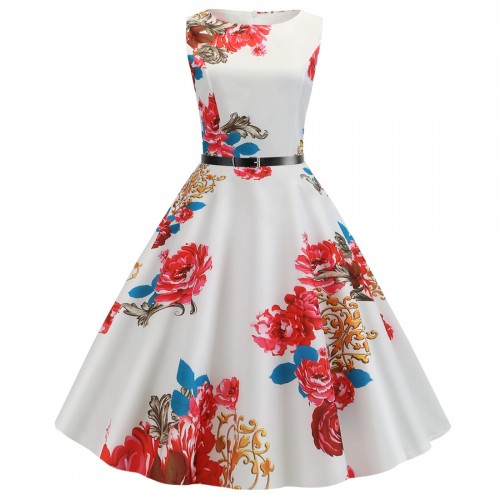 Fashionable Waist Swing O-neck With Belt Floral Printed Midi Dress - Red image