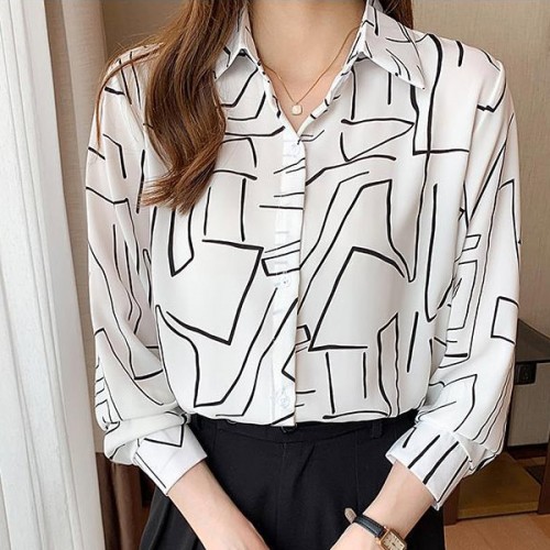 Elegant Loose Striped Full Sleeve Lapel Collar Women Tops - White image