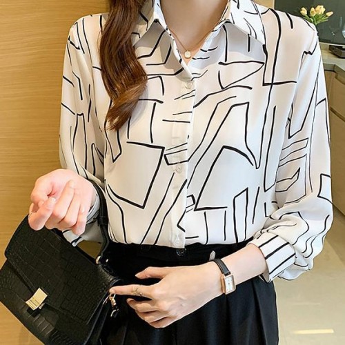 Elegant Loose Striped Full Sleeve Lapel Collar Women Tops - White image