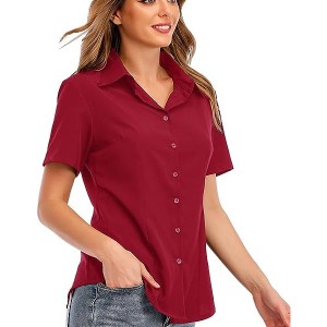 Trendy Plain Lapel Collar Button Closure Women Tops - Red