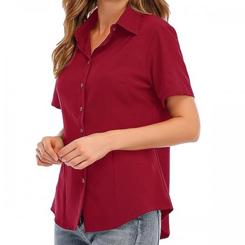 Trendy Plain Lapel Collar Button Closure Women Tops - Red image