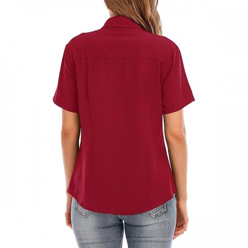 Trendy Plain Lapel Collar Button Closure Women Tops - Red image