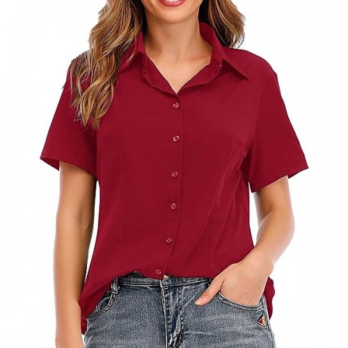 Trendy Plain Lapel Collar Button Closure Women Tops - Red image