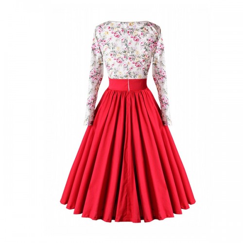 Retro Style Floral Contrast Stitching Hepburn Swing Skirt Maxi Dress - Red image