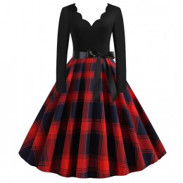 Retro Style Contrast Plaid Knotted V-neck Large Swing Midi Dress - Red