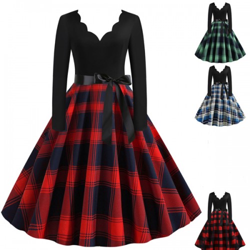 Retro Style Contrast Plaid Knotted V-neck Large Swing Midi Dress - Red image