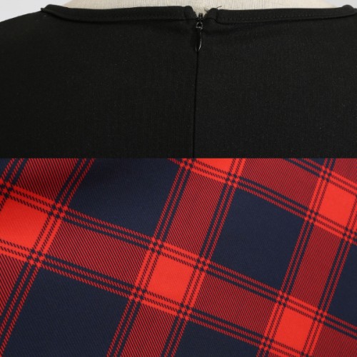 Retro Style Contrast Plaid Knotted V-neck Large Swing Midi Dress - Red image