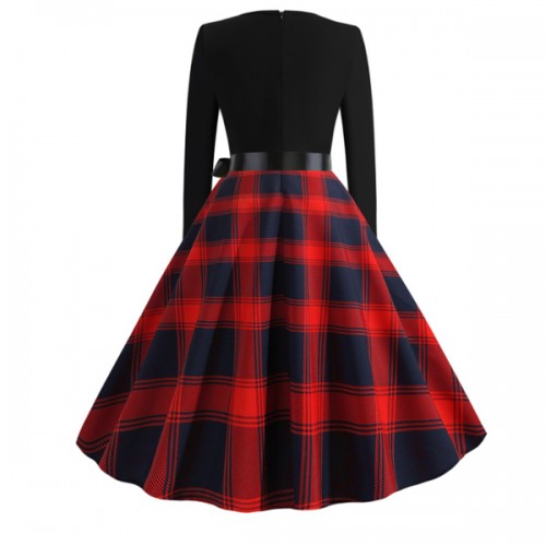 Retro Style Contrast Plaid Knotted V-neck Large Swing Midi Dress - Red image