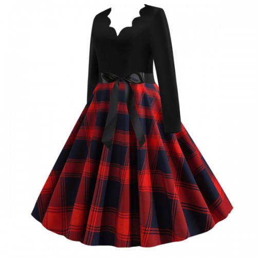 Retro Style Contrast Plaid Knotted V-neck Large Swing Midi Dress - Red image