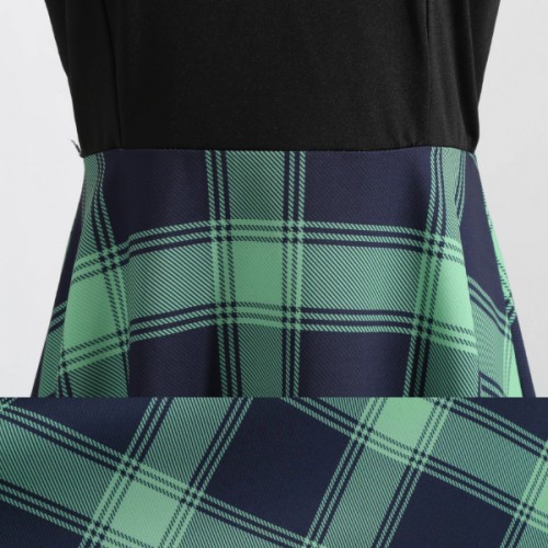 Retro Style Contrast Plaid Knotted V-neck Large Swing Midi Dress - Green image
