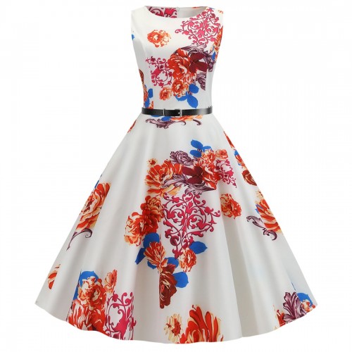 Fashionable Waist Swing O-neck With Belt Floral Printed Midi Dress - Orange image