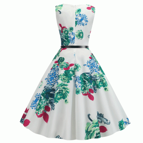 Fashionable Waist Swing O-neck With Belt Floral Printed Midi Dress - Green image
