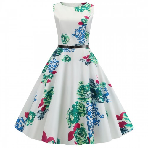 Fashionable Waist Swing O-neck With Belt Floral Printed Midi Dress - Green image
