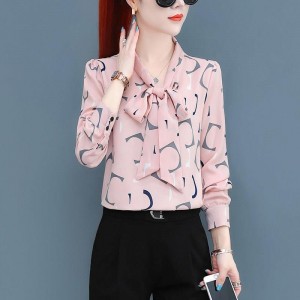 Elegant Long Sleeves Spliced Lace Up Bow Printed Design Blouse Tops - Pink
