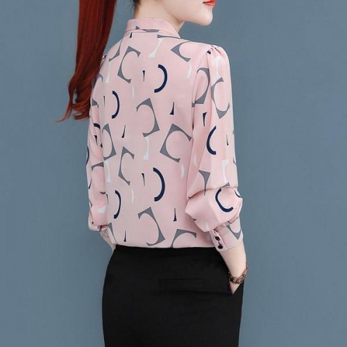 Elegant Long Sleeves Spliced Lace Up Bow Printed Design Blouse Tops - Pink image