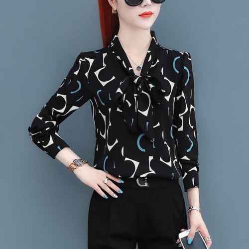 Elegant Long Sleeves Spliced Lace Up Bow Printed Design Blouse Tops - Black image