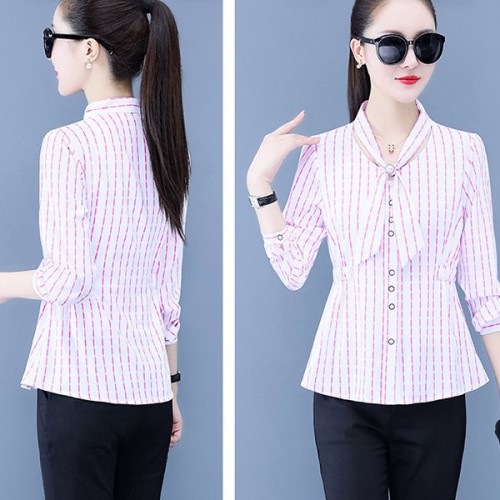 Fashionable Slimming Stripes Button Up Cardigan Bow Neck Women Tops - Pink image