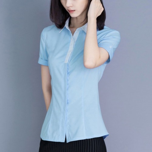 Luxury Plain Button Closure White Collar Hidden Women Tops - Light Blue image