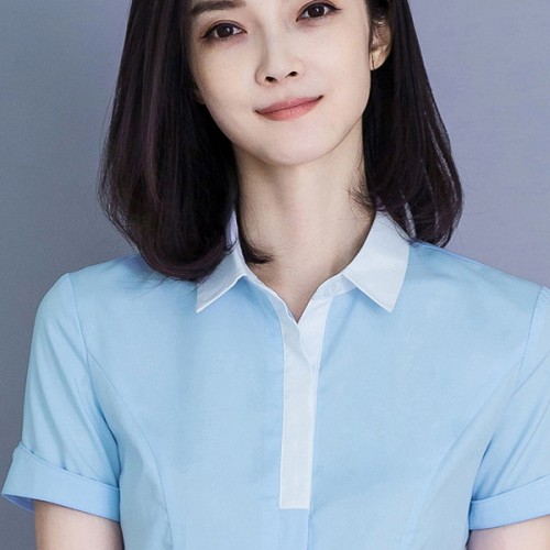 Luxury Plain Button Closure White Collar Hidden Women Tops - Light Blue image