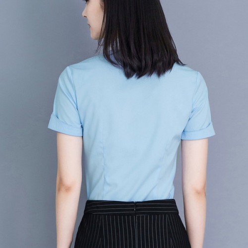 Luxury Plain Button Closure White Collar Hidden Women Tops - Light Blue image