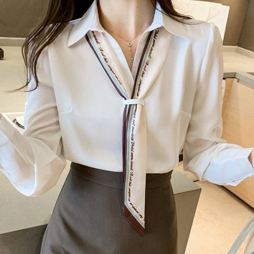 Polo Collar Bow Design Neck Long Sleeve Women Top - White image