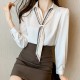 Polo Collar Bow Design Neck Long Sleeve Women Top - White image