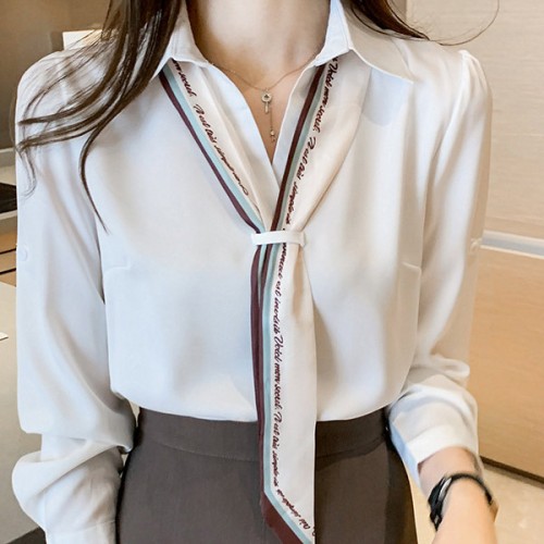 Polo Collar Bow Design Neck Long Sleeve Women Top - White image