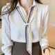 Polo Collar Bow Design Neck Long Sleeve Women Top - White image