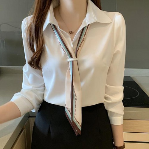 Polo Collar Bow Design Neck Long Sleeve Women Top - White image