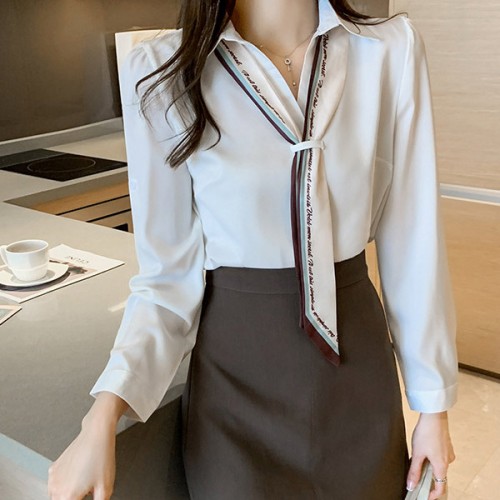 Polo Collar Bow Design Neck Long Sleeve Women Top - White image