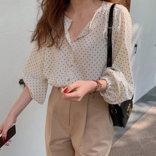 Polka Dots Printed Button Down Long Sleeve Loose Type Women Tops - White image