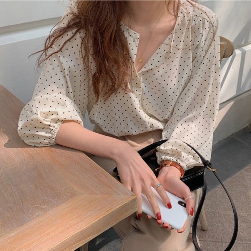 Polka Dots Printed Button Down Long Sleeve Loose Type Women Tops - White image