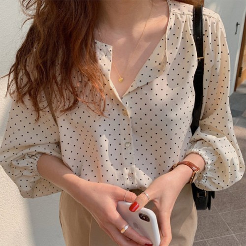 Polka Dots Printed Button Down Long Sleeve Loose Type Women Tops - White image