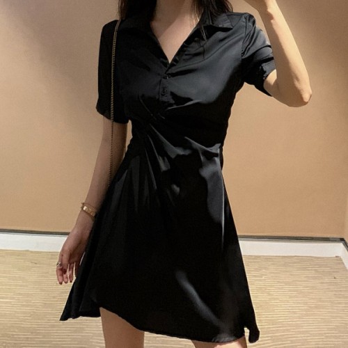 Elegant Comfort Mid Length Polo Collar A Line Skirt Midi Dress - Black image