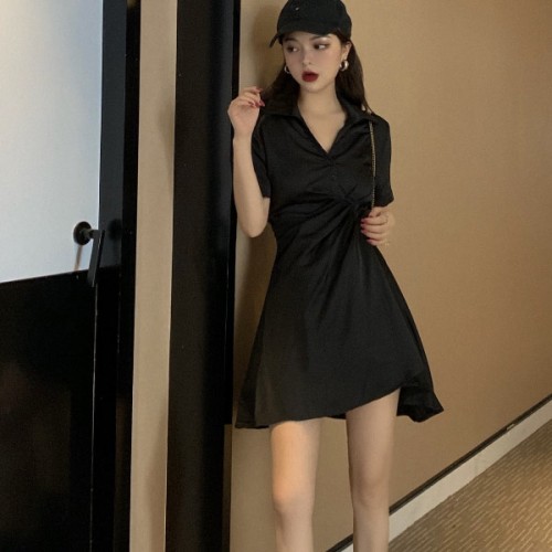 Elegant Comfort Mid Length Polo Collar A Line Skirt Midi Dress - Black image